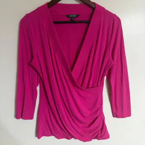 Lauren Ralph Lauren Pink Surplice Ruched V-Neck 3/4 Sleeve Top Large thumbnail 1
