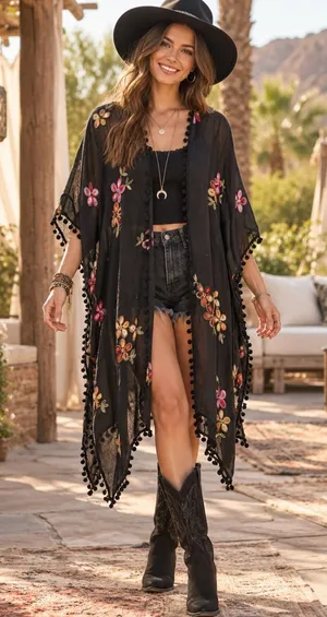 DO EVERYTHING IN LOVE Embroidered Floral Kimono Wrap Black Bohemian One Size thumbnail 1