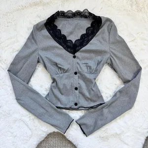 Grey Longsleeve Tee with Lace Trim XS thumbnail 1