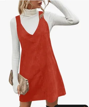 Women's Brick Red Corduroy Pinafore Mini Dress Size Medium thumbnail 1