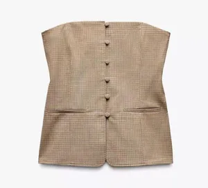 NWT Zara Checkered Plaid Covered Button Corset Strapless Top in Tan - S thumbnail 5