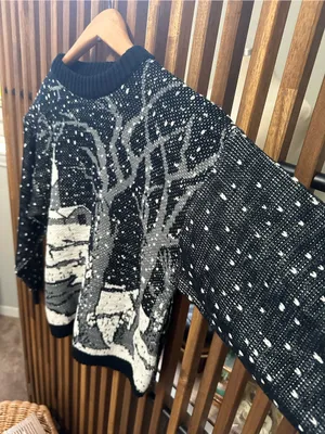 VTG Extra Black White Winter Scenic Snow Village Knit Sweater Size XS thumbnail 3