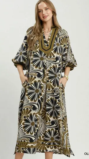 Umgee Abstract Print Midi Dress - Olive Mix - Small thumbnail 1