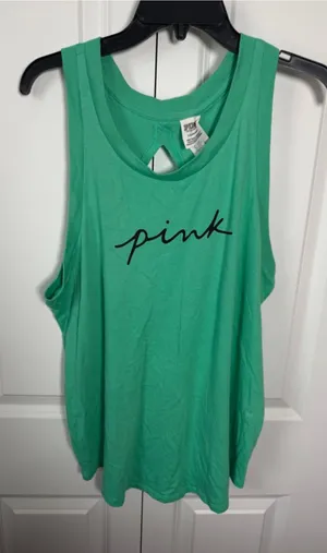 Women's PINK Victoria's Secret Green Tank Top with Black Logo, Size L EUC thumbnail 1