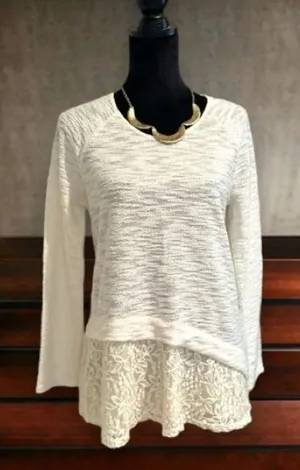 Cloth & Portrait White Knit Long Sleeve Top Floral‎ Lace Hem Tunic Small thumbnail 1