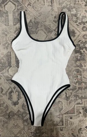 No Boundaries White One-Piece Swimsuit with Black Trim thumbnail 1