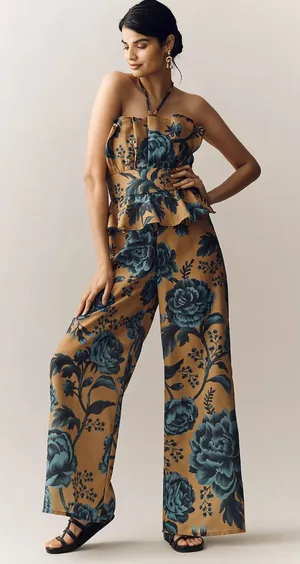 ESPECIA Anthropologie Halter Floral Peplum Jumpsuit Size Small thumbnail 1