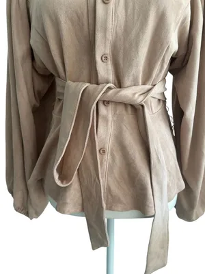 VICI Beige Button Down Faux Suede Belted Long Sleeve Top Sz Large thumbnail 3