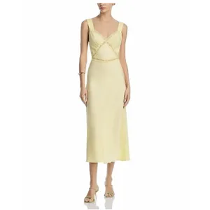 Bardot Dress Womens Small Yellow Satin Lace Slip Maxi V Neck Button Back NWT thumbnail 12