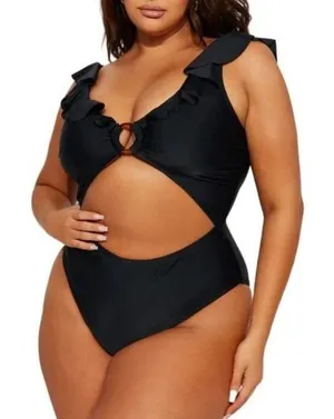 PrettyLittleThing NWT 33B Plus Black Frill Edge Ring One piece Swimsuit Size 18 thumbnail 1