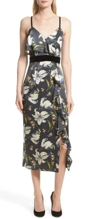 Cinq à Sept Leena Floral Print Midi Dress Size 10‎ 100% Silk with Velvet … thumbnail 1