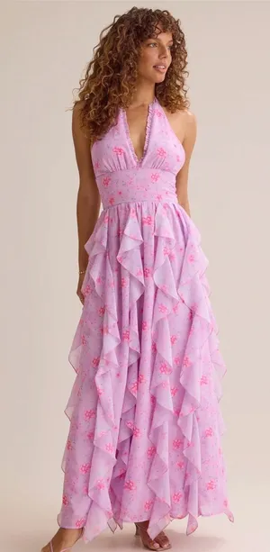 Altar'd State Lavender Pink Floral Halter Maxi Dress thumbnail 1