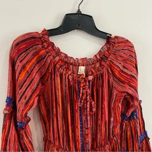 Raga Red Burnt Orange Metallic Thread Boho Tiered Dress Festival Size XS‎ thumbnail 4