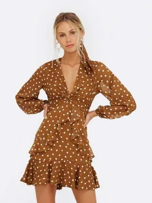 Lulus Rust Brown Polka Dot Long Sleeve Ruffle Mini Dress NWT thumbnail 1