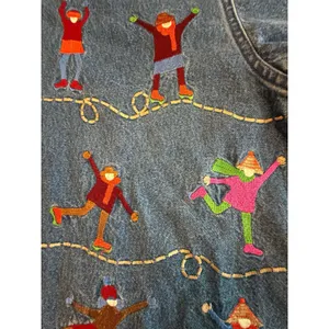 Embroidered Novelty Shacket Ice Skaters Denim Jacket Winter whimsical Teacher M thumbnail 7