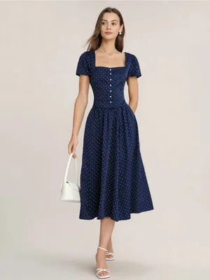 Rihoas Blue Polka Dot Pockets Midi Skirt thumbnail 3