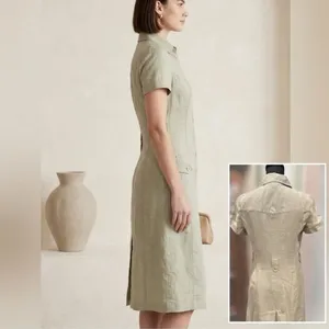 Anne Klein A-Line 100% Linen Safari Shirt Dress Khaki Green Utility Midi Size 4 thumbnail 3