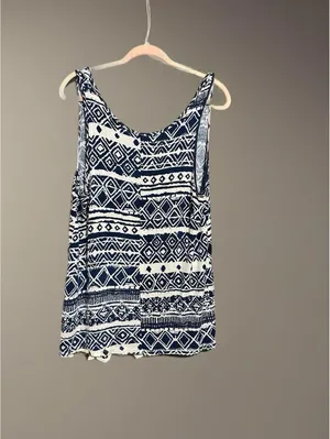 Boho Chic Navy & White Sleeveless Tank Top with Crochet Hem, Size 1X thumbnail 2