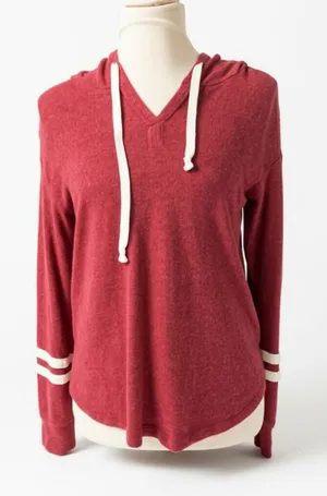 Hollister Red Soft V-Neck Hoodie Top with Sleeve Stripes - Size S thumbnail 1