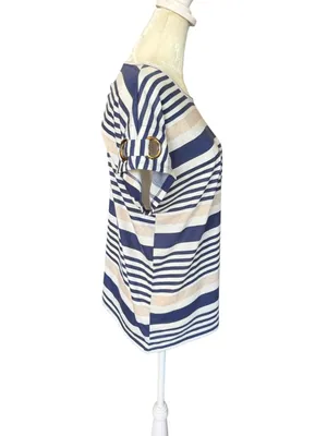 Modern Attraction navy white cream striped cap sleeve pullover top size M thumbnail 3