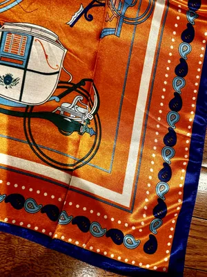 Vintage Equestrian HORSE&CARRIAGE print orange/blue oversized silky Scarf 35/35 thumbnail 5