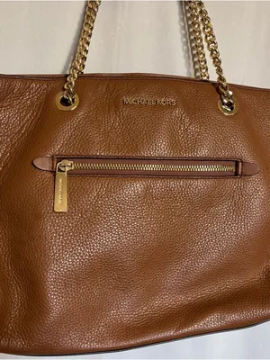 Michael Kors Cognac Pebbled Leather Tote with Gold Chain Straps zipper closure thumbnail 2