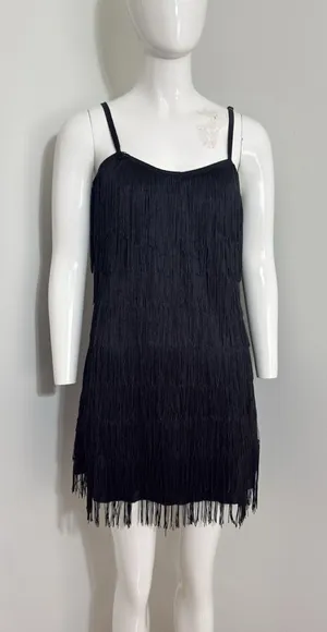 Dreamgirl Black Flapper Fringe Mini Dress Party Dance Women’s Size L thumbnail 1