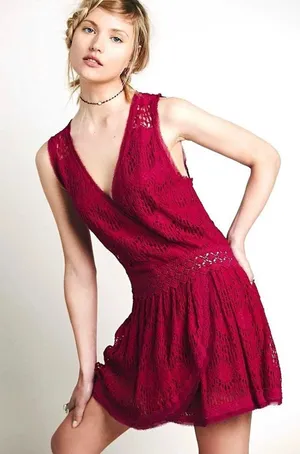 Free People Raspberry Lace Sleeveless Mini Dress Wrap Style Flowy Boho Sz Small thumbnail 1