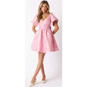 NWOT Meet Me in Santorini Cheers to Us Light Pink Floral Jacquard Mini Dress, XS thumbnail 2