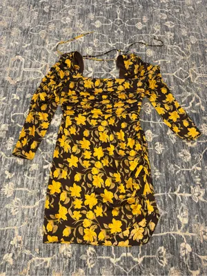 NWOT Floret Studios Brown and Yellow Floral Shirred Long Sleeve Mini Dress Sz L thumbnail 5