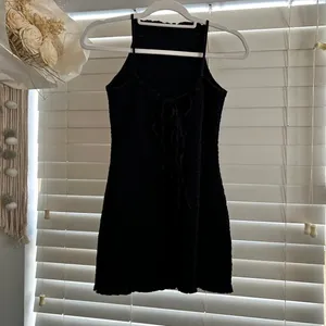 Free People Lyla Black Smocked Mini Dress Lace Up Open Back Y2K Size M thumbnail 4