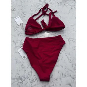 NWT Quince Cherry Red Italian Full Coverage Triangle Bikini Top High Leg Bottom thumbnail 2