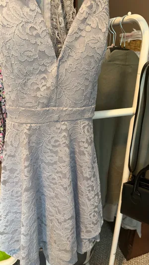 Lace V-Neck A-Line Mini Dress in Light Blue Windsor Small thumbnail 3