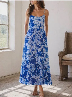Joie Sleeveless Cotton Blend Long Floral Tie Waist Midi Maxi Dress Blue 16 thumbnail 2