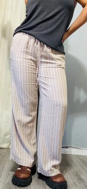 Briggs Womens Small Pants‎ Tan White Striped Wide Leg Linen Blend Elastic Waist thumbnail 1