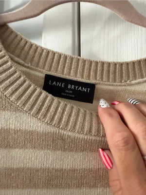 Lane Bryant Cream and Tan Striped Button-Shoulder Crew Sweater thumbnail 2