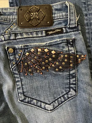 Miss Me Blue Denim Bootcut Jeans with Embellished Wing Pockets Size 29 thumbnail 3