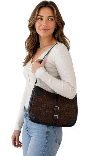 Etienne Aigner Brown Black Logo Canvas Shoulder Bag Monogram Purse thumbnail 1