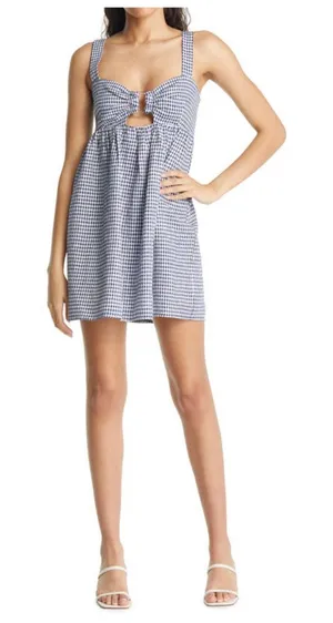 NEW Reformation Noel Gingham Linen Minidress Callah Check Navy White thumbnail 1