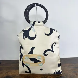 Bvlgari Canvas Top Handle Bag Medium Cream Abstract Ring Leather Handles Italy thumbnail 2