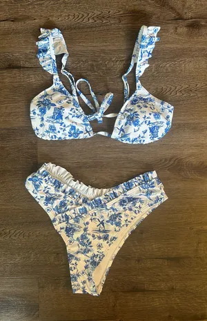 Blue/White Toile Floral Print Bikini Set Blue thumbnail 1