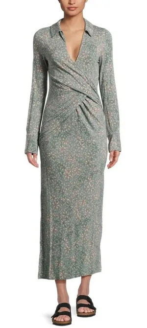 Free People Shayla Floral‎ Long Sleeve Wrap Midi Dress Size S - Mint Combo - NWT thumbnail 1