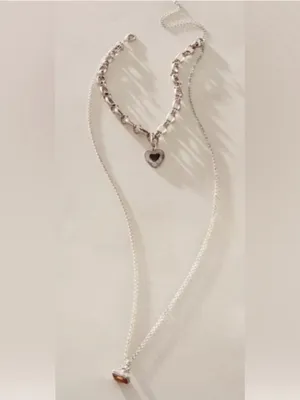 NEW Free People Zehnder Layer Necklace Silver Tone Heart Charm Double Chain Ring thumbnail 2