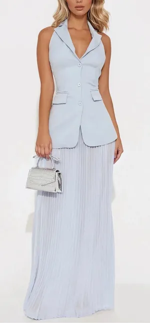 Sleeveless Light Blue Pleated Maxi Skirt thumbnail 1