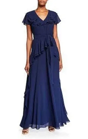 Shani Navy Blue Ruffle Trim V-Neck Flutter Sleeve Formal Evening Maxi Dress 6 thumbnail 1