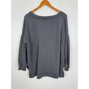 Arula Womens OX Charcoal Gray Striped Ribbed Knit‎ V-Neck Oversized Sweater Top thumbnail 2