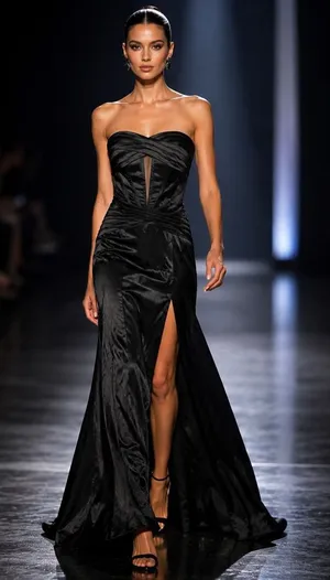 Black Satin Strapless Corset Slit Maxi Gown Formal Dress thumbnail 1