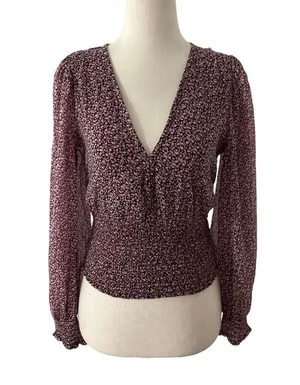 Abercrombie & Fitch Burgundy V-neck Blouse Women Top Size XS | 6-23 thumbnail 1