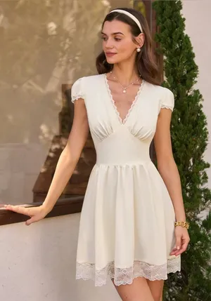 Rihoas Apricot V Neck Lace Splicing Mini Dress thumbnail 1