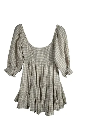 Anthropologie MABLE Gingham‎ Smocked Mini Dress Small Beige Babydoll Puff Sleeve Cotton thumbnail 3